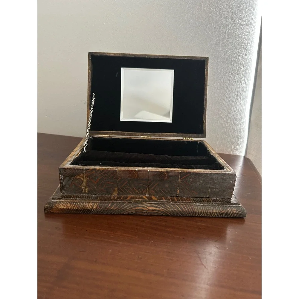 Vintage Wooden Jewelry Box Mirror Black Velvet Lining Handcrafted